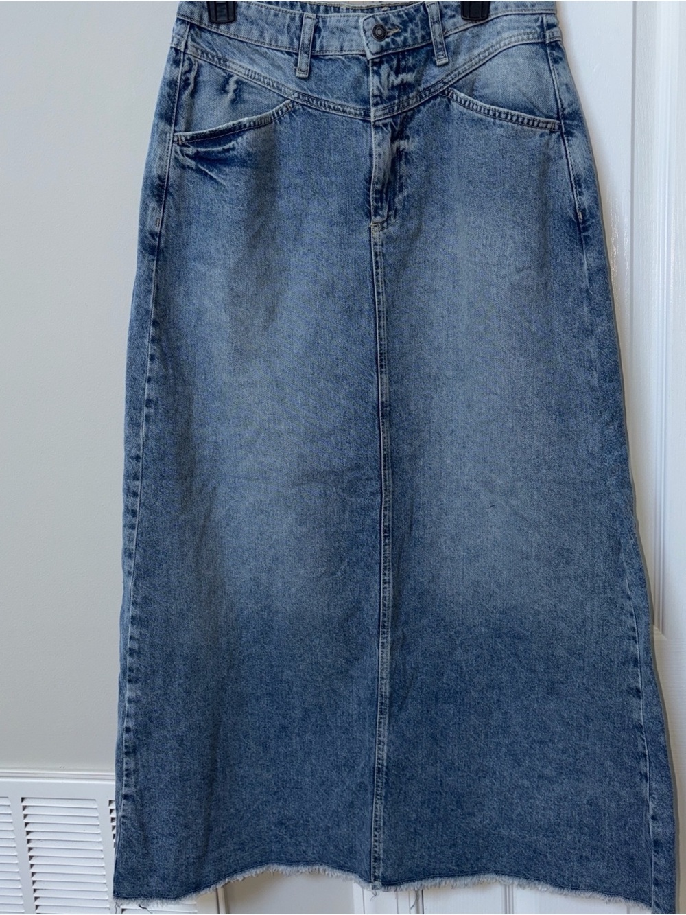 We The Free Washed Blue Denim Maxi Skirt